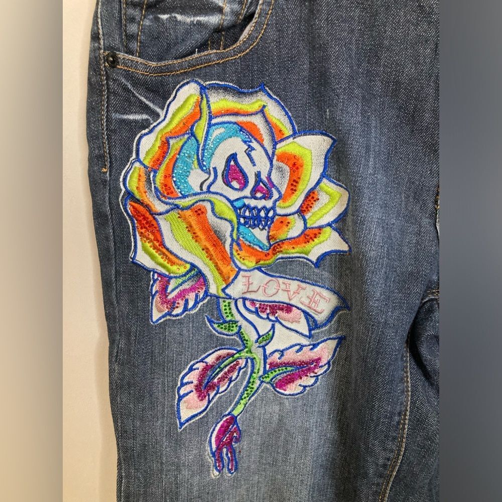 Y2K Ed Hardy Jeans Streetwear Embroidered Jeans Men's Size 32 - Picture 3 of 7